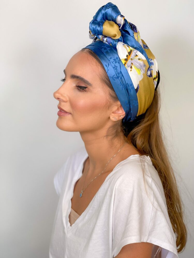 ⁦כיסוי ראש לונג - משולב כחול חרדל⁩ – תמונה ⁦3⁩