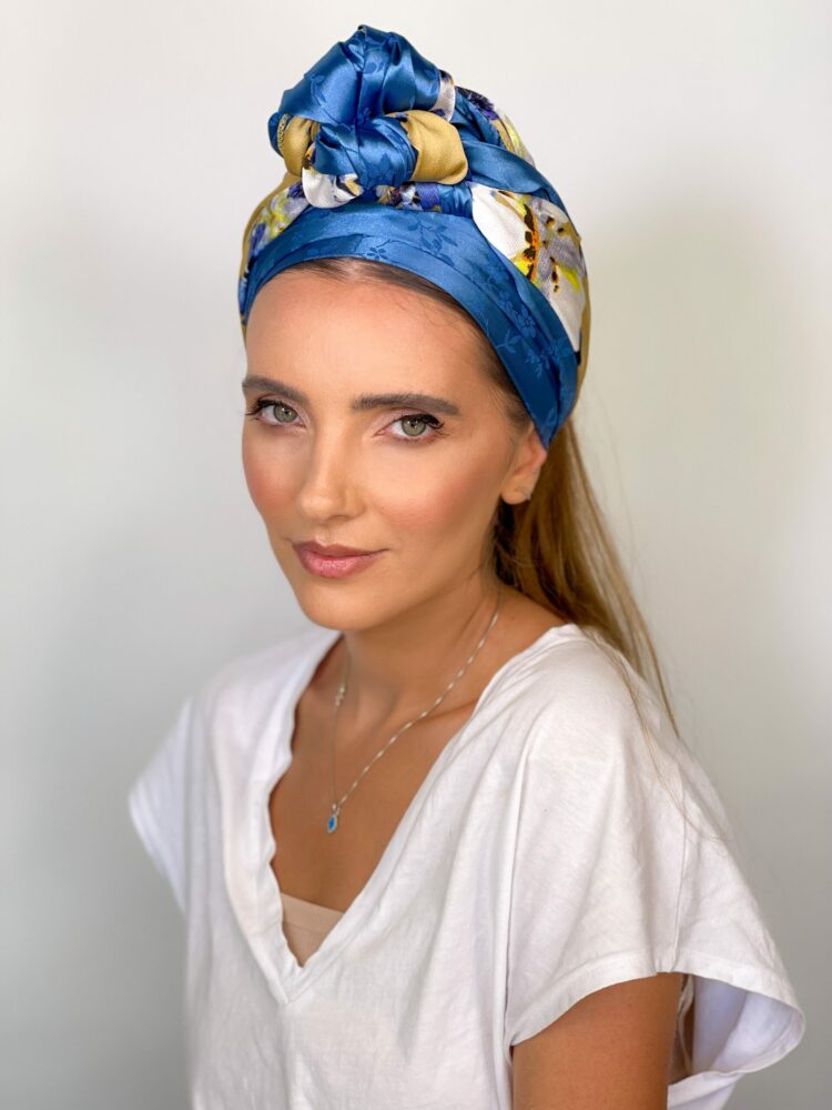 ⁦כיסוי ראש לונג - משולב כחול חרדל⁩ – תמונה ⁦4⁩