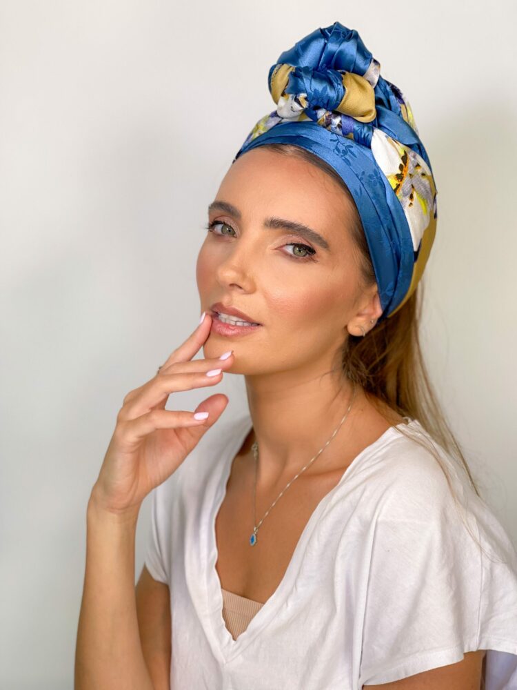 ⁦כיסוי ראש לונג - משולב כחול חרדל⁩ – תמונה ⁦5⁩